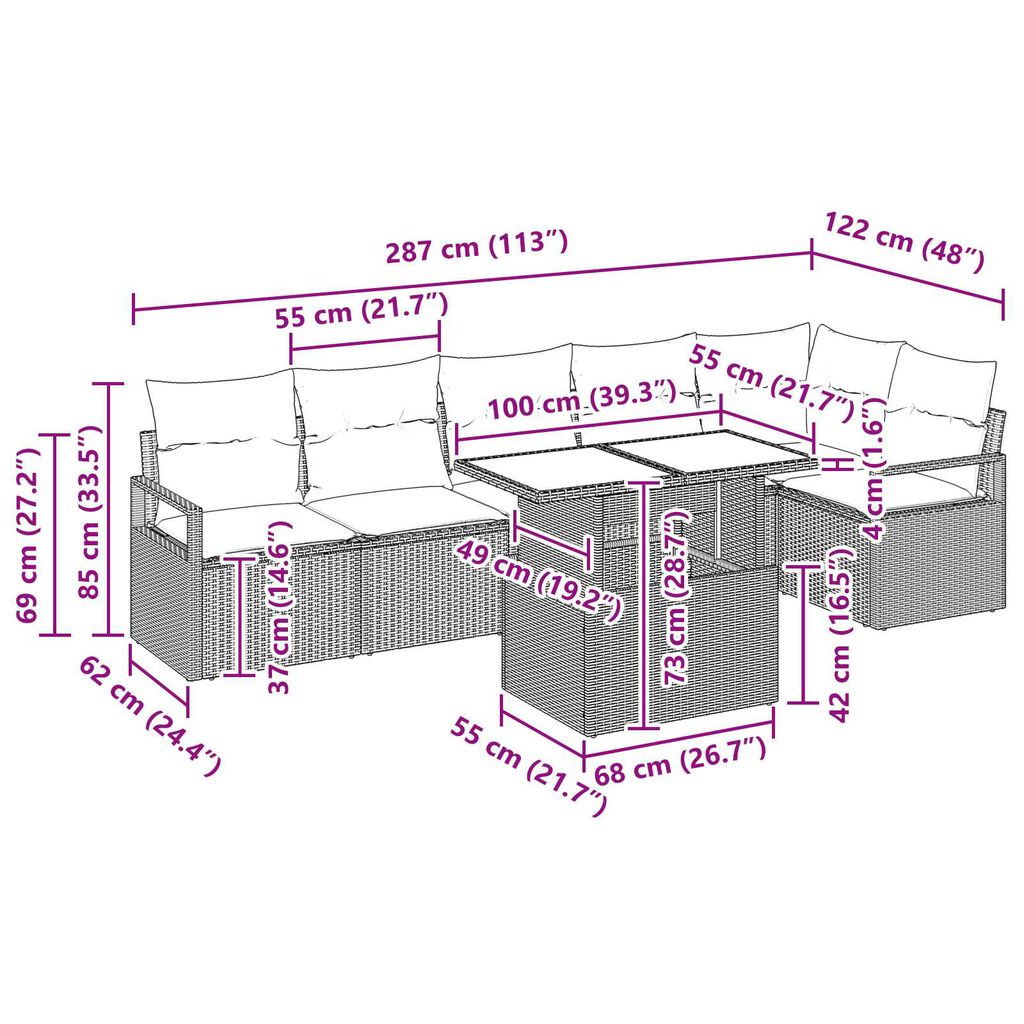 vidaXL 7 Piece Garden Sofa Set with Cushions Brown Poly Rattan