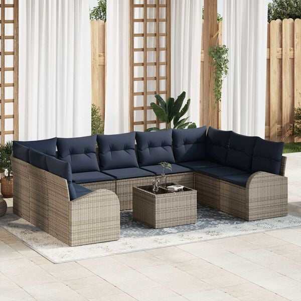 vidaXL 10 Piece Garden Sofa Set with Cushions Grey Poly Rattan