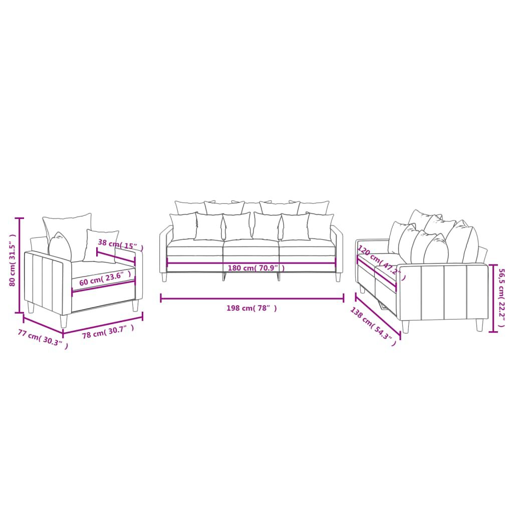 vidaXL 3 Piece Sofa Set with Cushions Light Grey Velvet