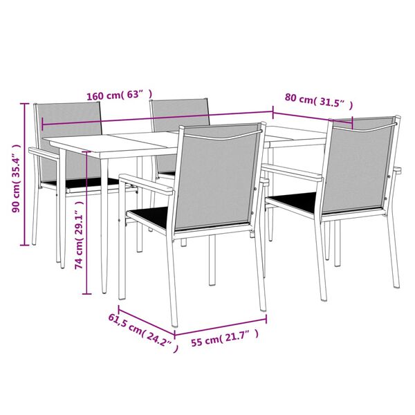 vidaXL 5 Piece Garden Dining Set Black Textilene and Steel