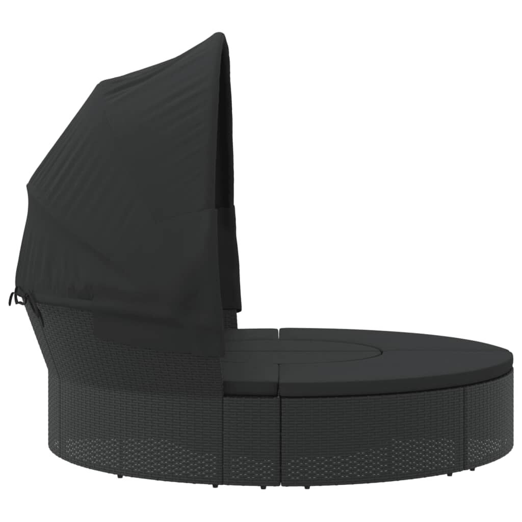 vidaXL Outdoor Lounge Bed with Canopy and Cushions Black Poly Rattan