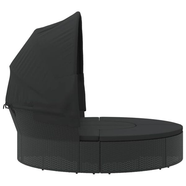 vidaXL Outdoor Lounge Bed with Canopy and Cushions Black Poly Rattan