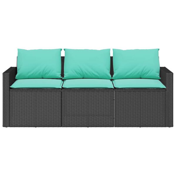 vidaXL Garden Sofa with Cushions 3-Seater Black Poly Rattan