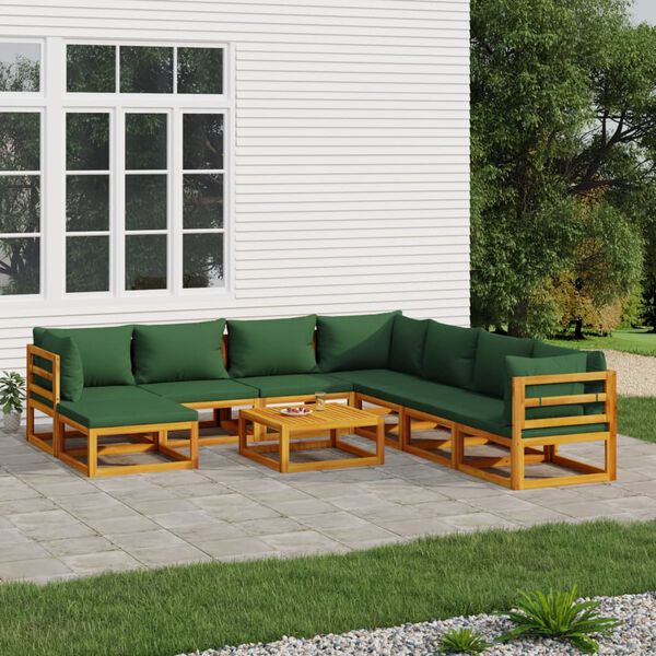 vidaXL 9 Piece Garden Lounge Set with Green Cushions Solid Wood
