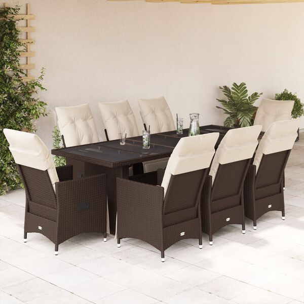 vidaXL 9 Piece Garden Bistro Set with Cushions Brown Poly Rattan