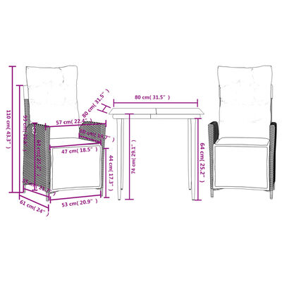 vidaXL 3 Piece Garden Dining Set with Cushions Brown Poly Rattan