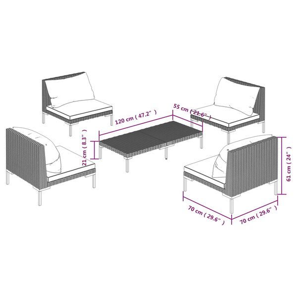 vidaXL 5 Piece Garden Lounge Set with Cushions Poly Rattan Dark Grey