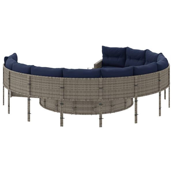 vidaXL Garden Sofa with Cushions Round Grey Poly Rattan