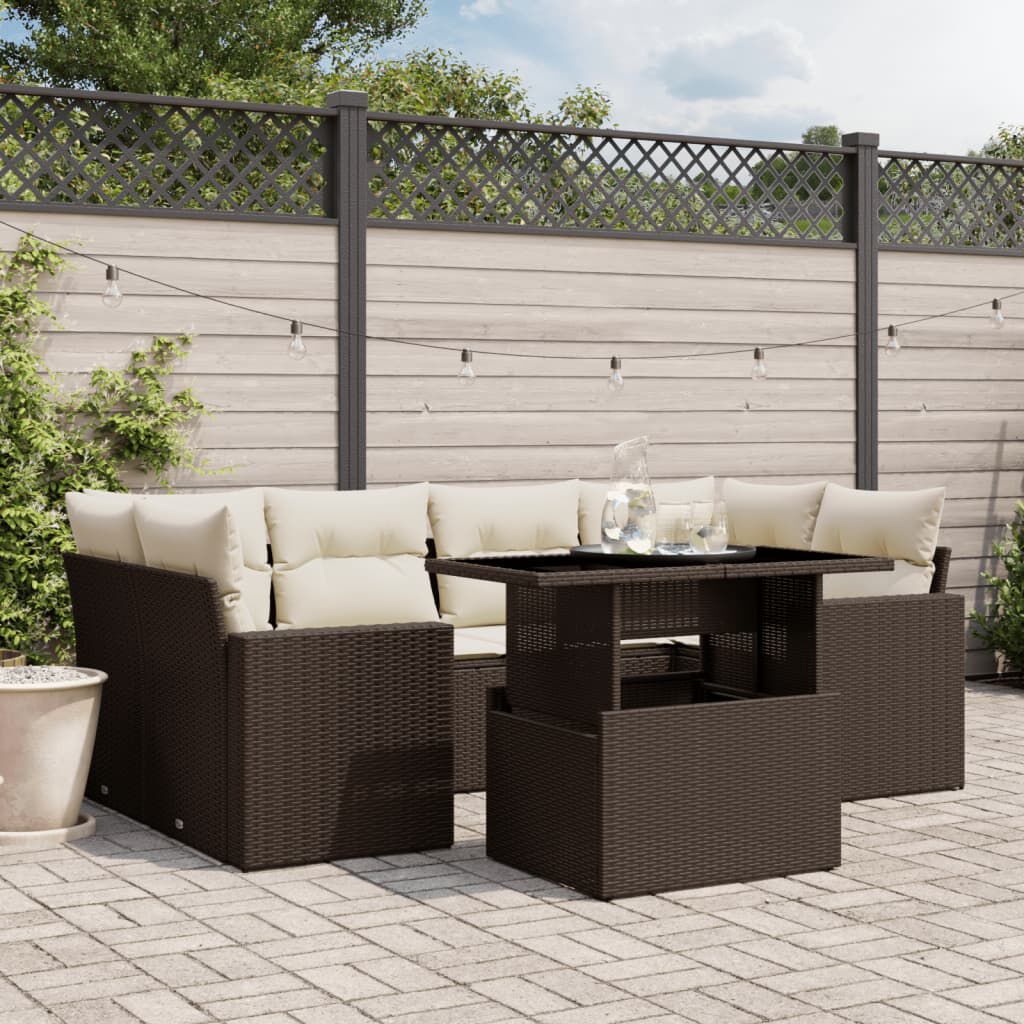 vidaXL 7 Piece Garden Sofa Set with Cushions Brown Poly Rattan