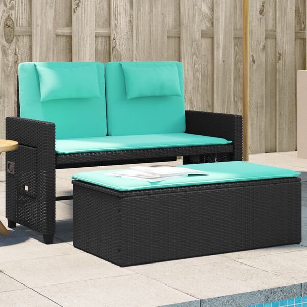 vidaXL Reclining Garden Bench with Cushions Black Poly Rattan