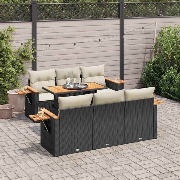 vidaXL 7 Piece Garden Sofa Set with Cushions Black Poly Rattan Acacia