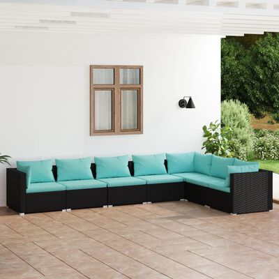 vidaXL 7 Piece Garden Lounge Set with Cushions Poly Rattan Black