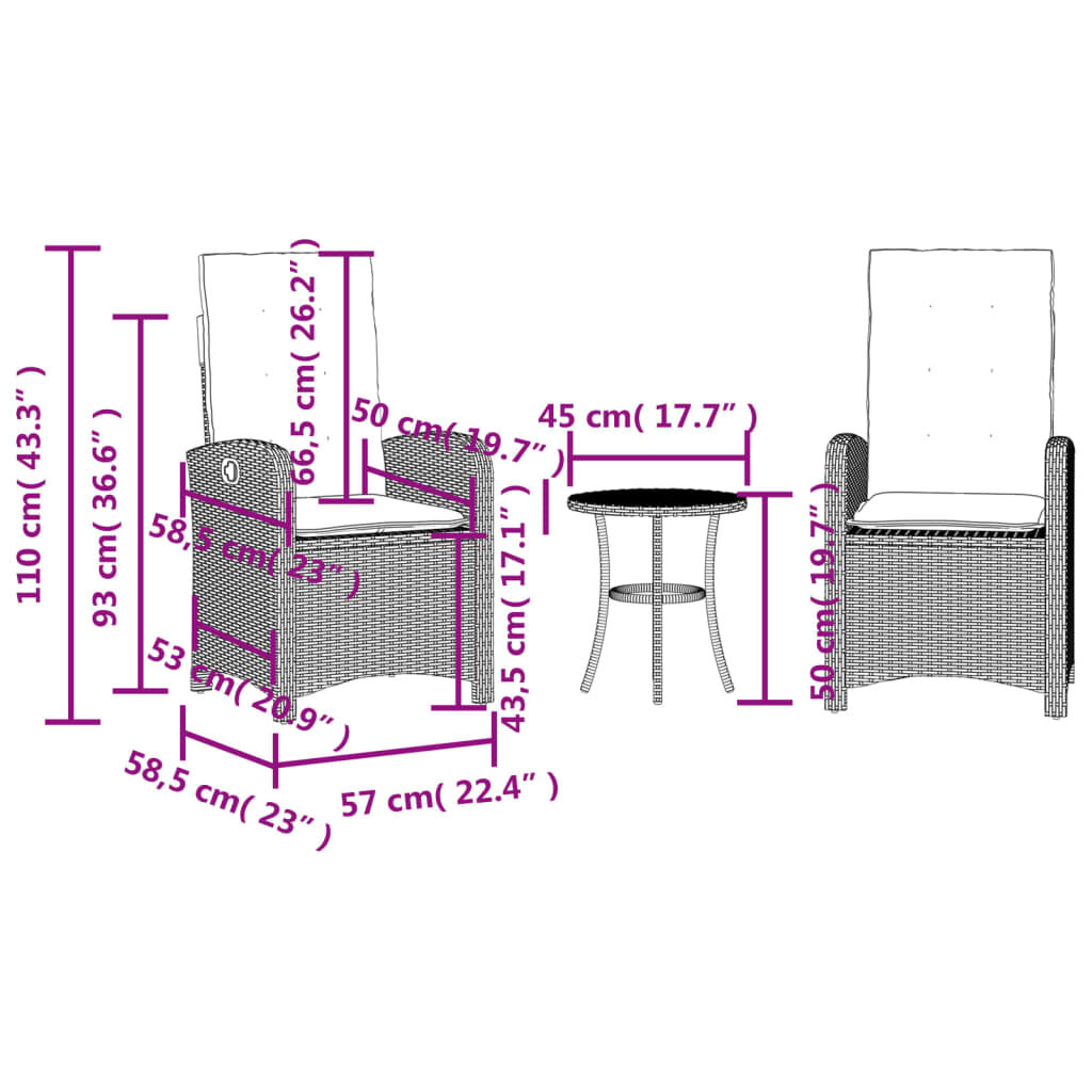 vidaXL 3 Piece Bistro Set with Cushions Beige Poly Rattan