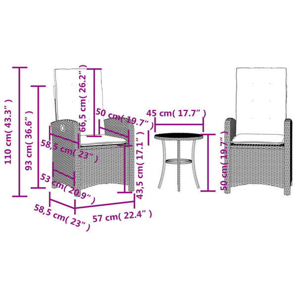 vidaXL 3 Piece Bistro Set with Cushions Beige Poly Rattan