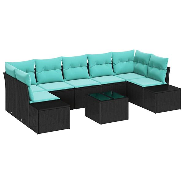 vidaXL Sofa Set with Cushion 8 pcs Black Poly Rattan