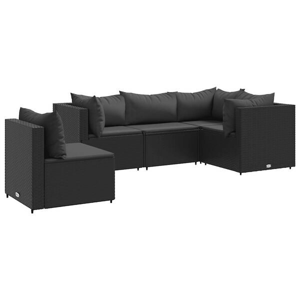 vidaXL 5 Piece Garden Lounge Set with Cushions Black Poly Rattan