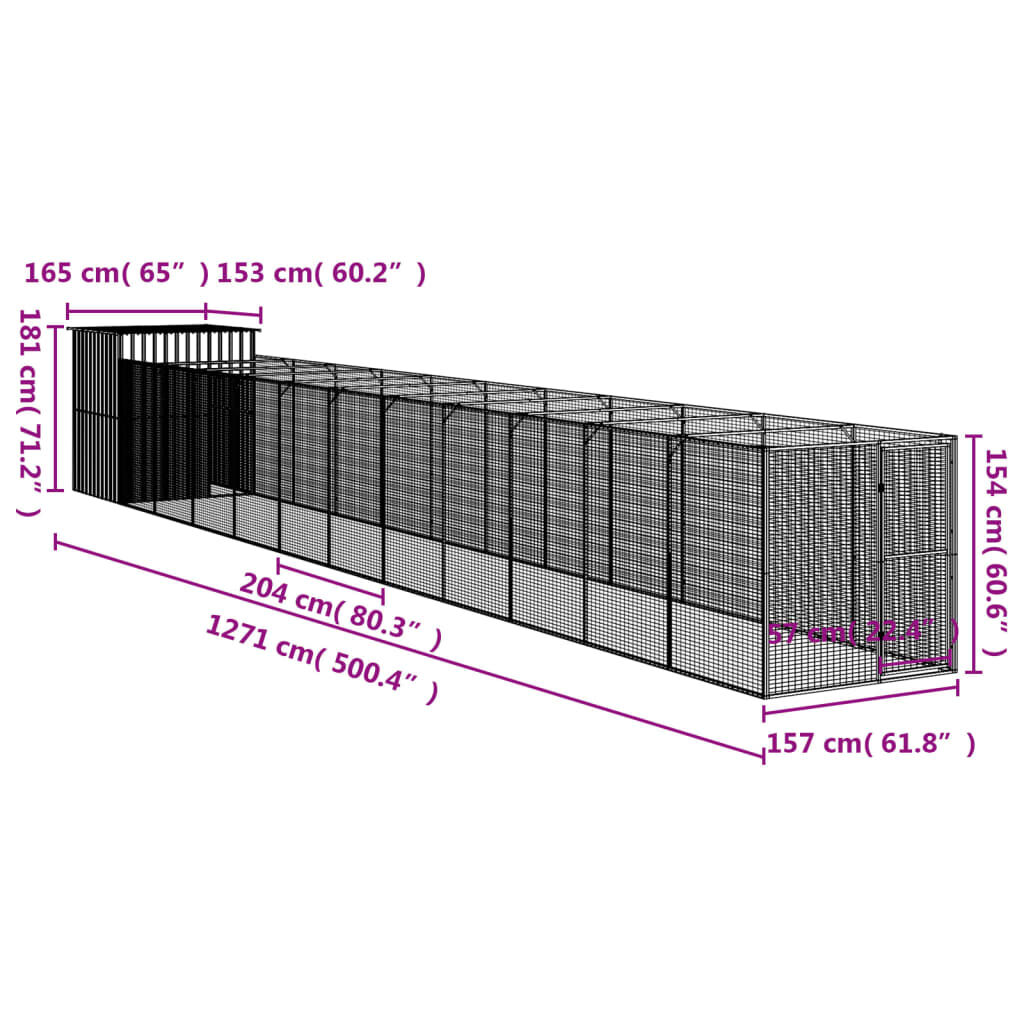 vidaXL Dog House with Run Light Grey 165x1271x181 cm Galvanised Steel