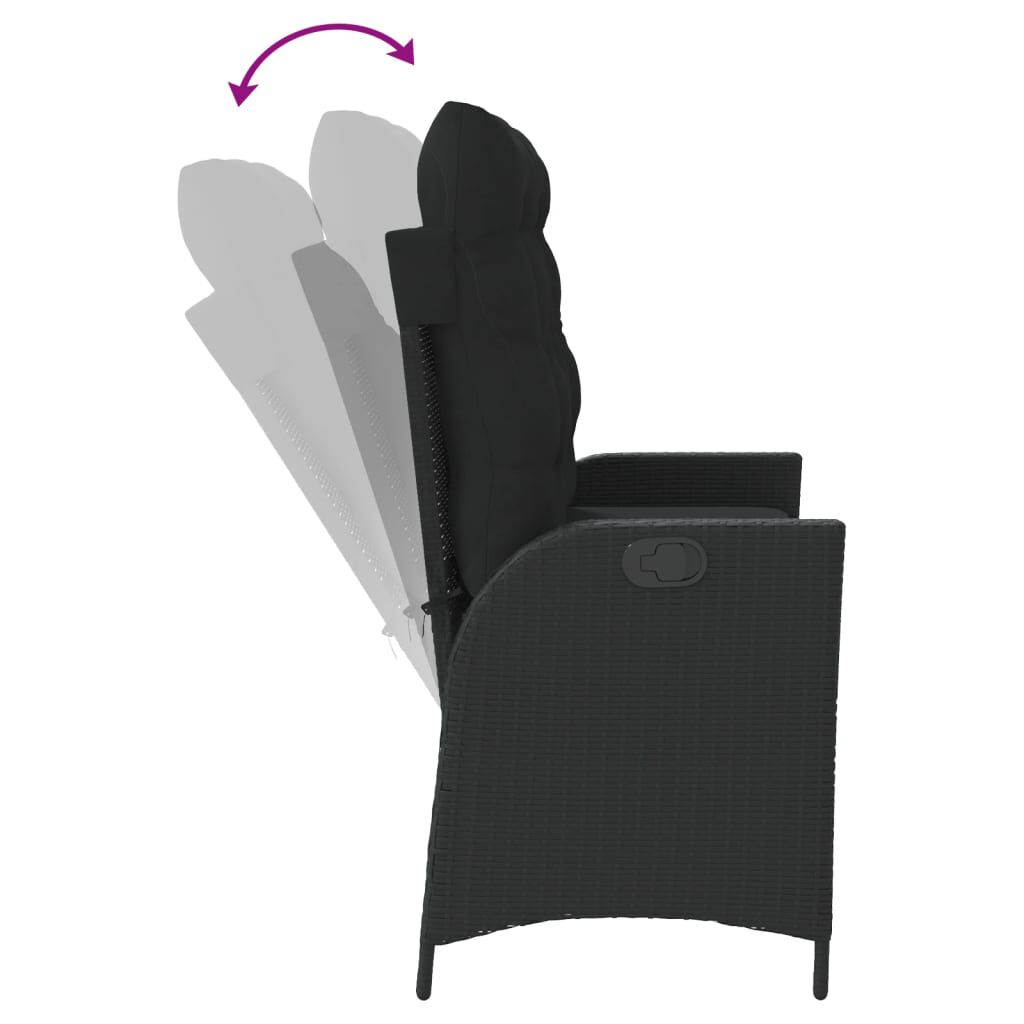 vidaXL Reclining Garden Bench with Cushions Black Poly Rattan