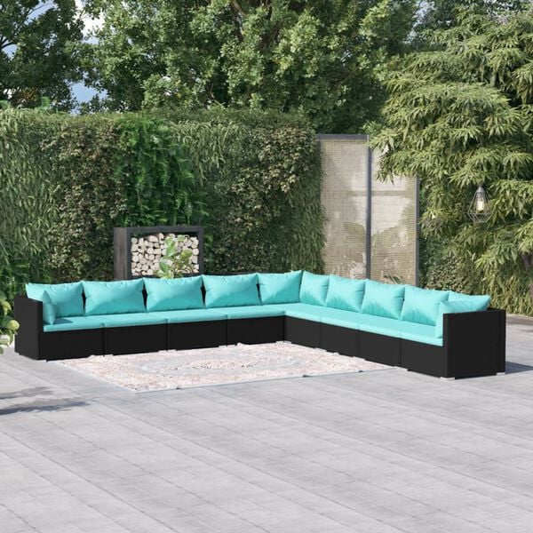 vidaXL 9 Piece Garden Lounge Set with Cushions Poly Rattan Black