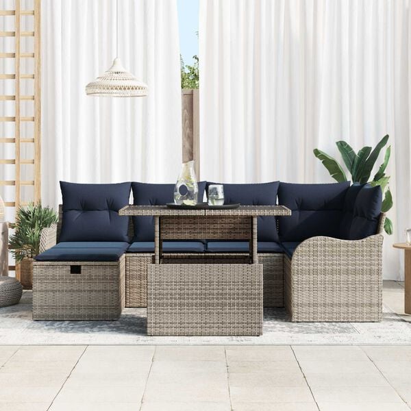 vidaXL 7 Piece Garden Sofa Set with Cushions Grey Poly Rattan