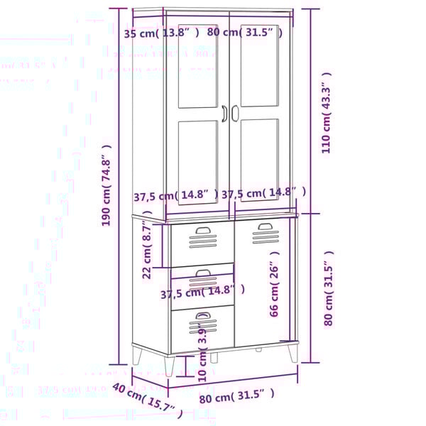 vidaXL Highboard VIKEN Black 80x40x190 cm Solid Wood Pine
