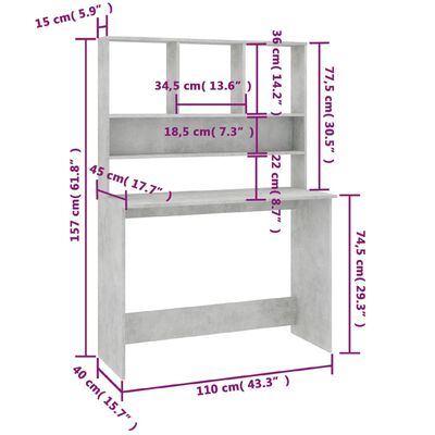 vidaXL Desk with Shelf Concrete Grey 110x45x157 cm Engineered Wood