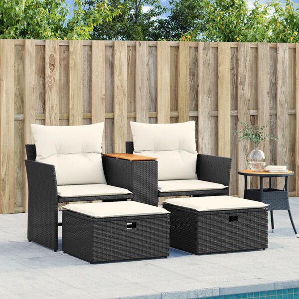 vidaXL Garden Sofa 2-Seater with Stools Black Poly Rattan