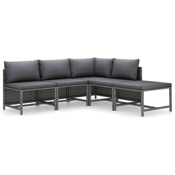 vidaXL 5 Piece Garden Lounge Set with Cushions Poly Rattan Grey