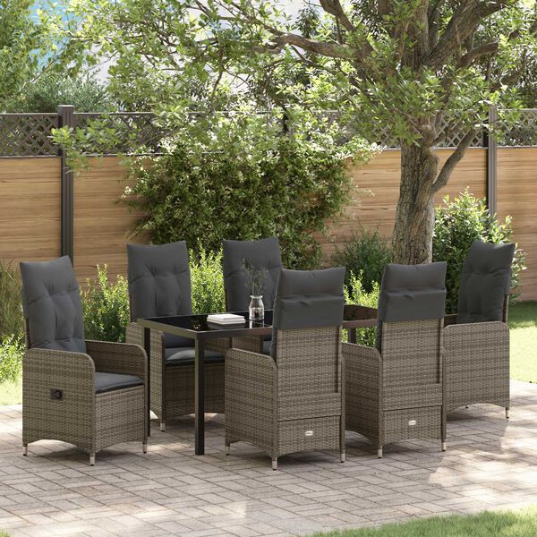 vidaXL Garden Dining Set with Cushion 7 pcs Grey Poly Rattan