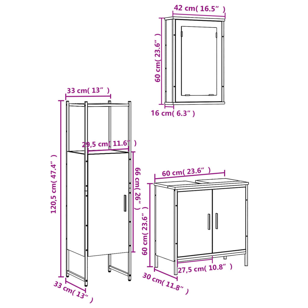 vidaXL 3 Piece Bathroom Furniture Set Smoked Oak Engineered Wood