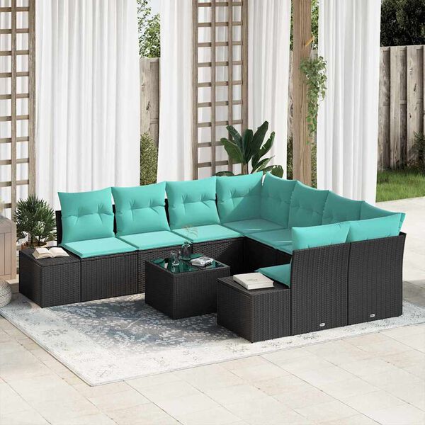 vidaXL Sofa Set with Cushion 9 pcs Black Poly Rattan