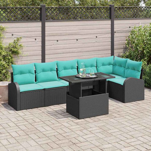 vidaXL Garden Sofa Set with Storage 7 pcs Black and Blue Poly Rattan
