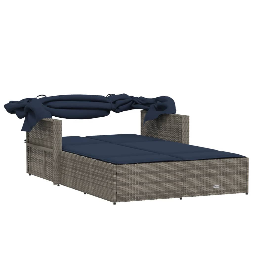 vidaXL Double Sun Lounger with Canopy and Cushions Grey Poly Rattan