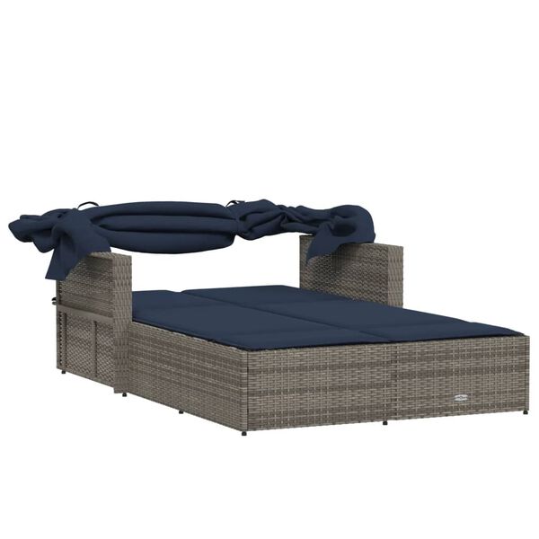 vidaXL Double Sun Lounger with Canopy and Cushions Grey Poly Rattan