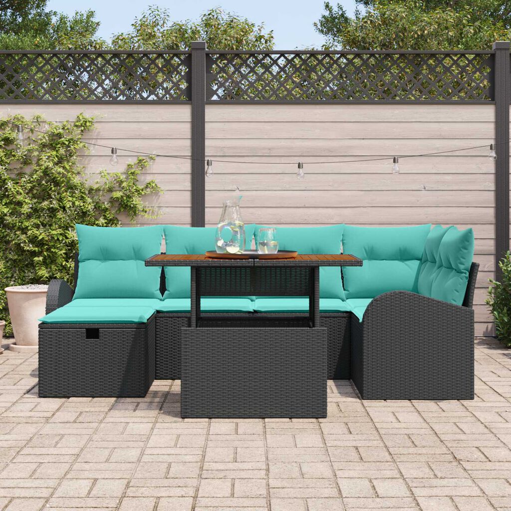 vidaXL 7 Piece Garden Sofa Set with Cushions Black Poly Rattan