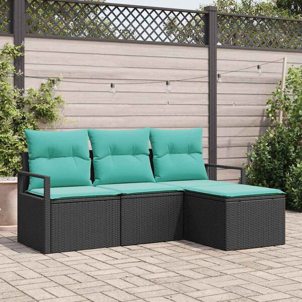 vidaXL Sofa Set with Cushion 4 pcs Black and Turquoise Poly Rattan