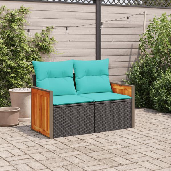 vidaXL Garden Sofa with Cushions 2-Seater Black Poly Rattan