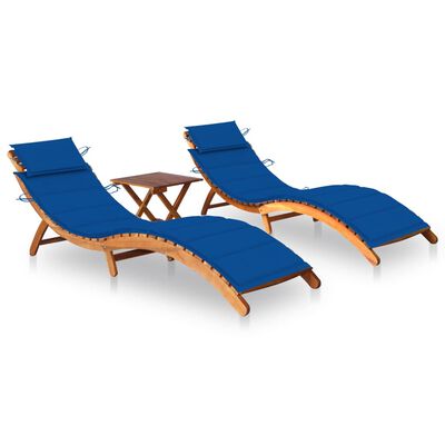 vidaXL Sun Loungers 2 pcs with Table and Cushions Solid Acacia Wood