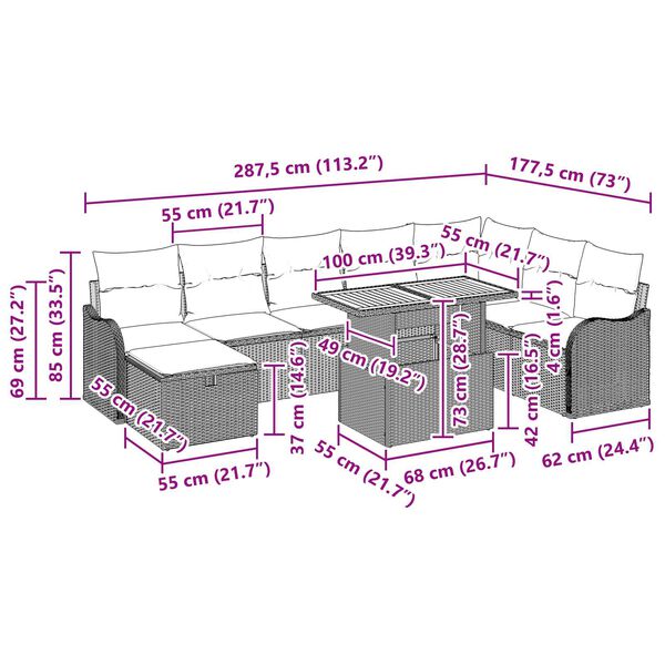 vidaXL 9 Piece Garden Sofa Set with Cushions Grey Poly Rattan