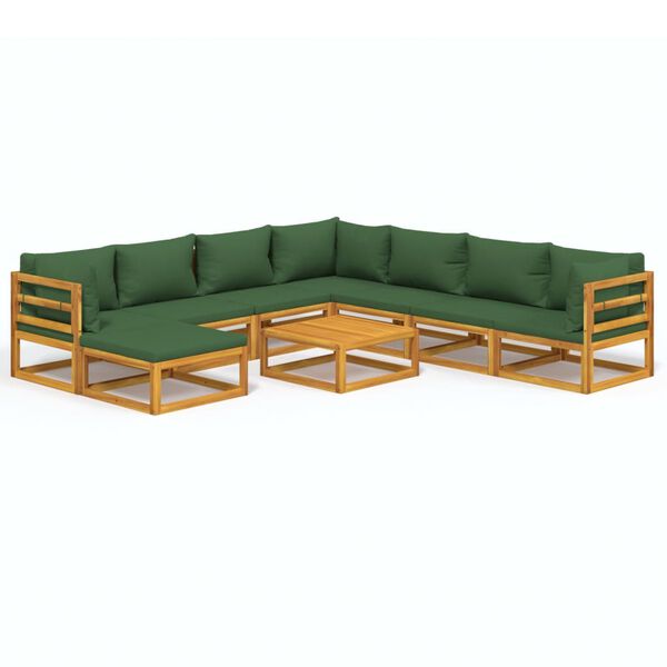 vidaXL 9 Piece Garden Lounge Set with Green Cushions Solid Wood