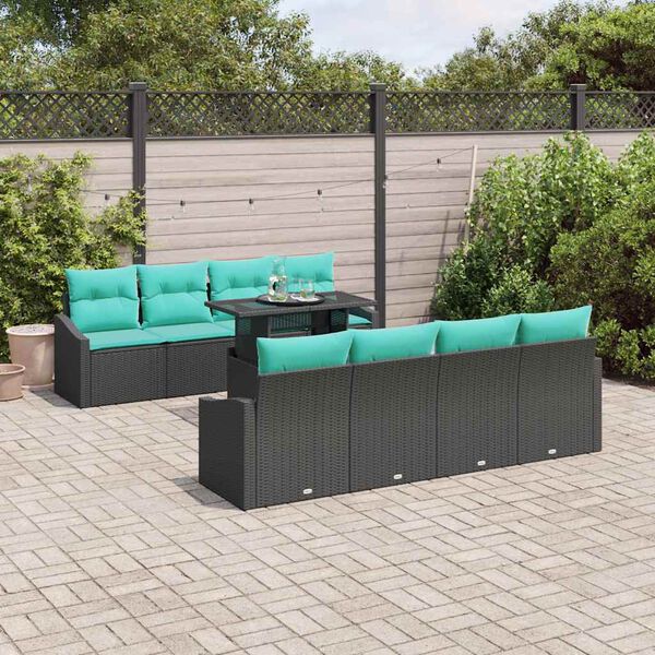 vidaXL Garden Sofa Set with Cushion 9 pcs Black Poly Rattan