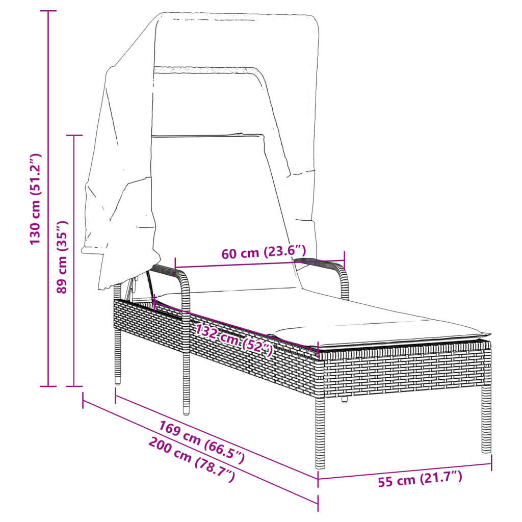 vidaXL Sun Lounger with Canopy Brown Poly Rattan