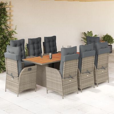 vidaXL 9 Piece Garden Dining Set with Cushions Grey Poly Rattan