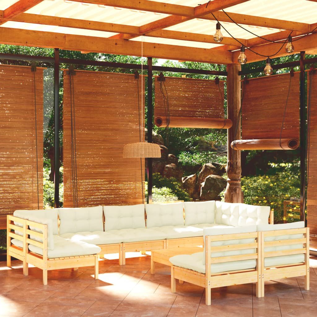 vidaXL 10 Piece Garden Lounge Set with Cream Cushions Solid Pinewood