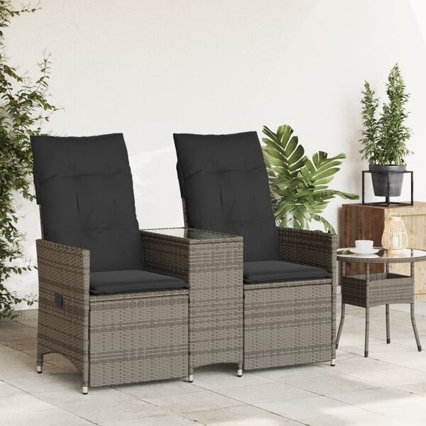 vidaXL Reclining Garden Sofa 2-Seater with Table Grey Poly Rattan