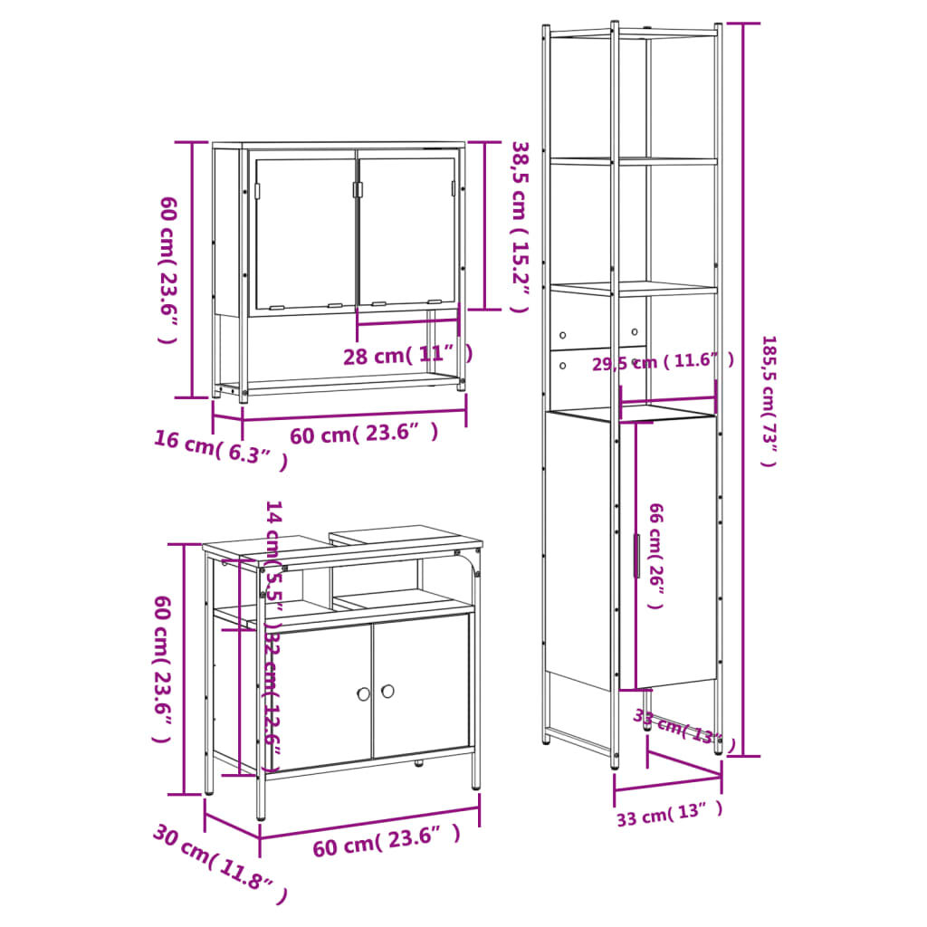 vidaXL 3 Piece Bathroom Furniture Set Smoked Oak Engineered Wood