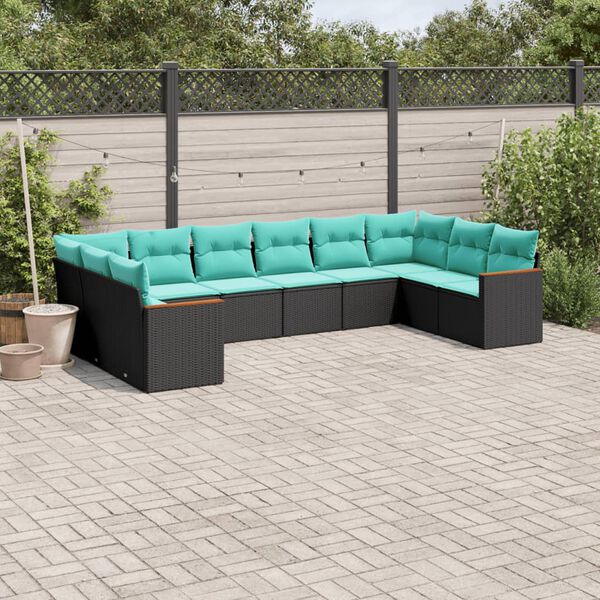 vidaXL 10 Piece Garden Sofa Set with Cushions Black Poly Rattan