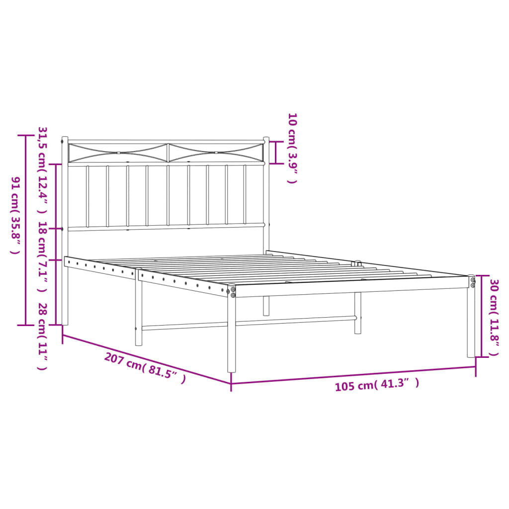 vidaXL Metal Bed Frame without Mattress with Headboard Black 100x200cm