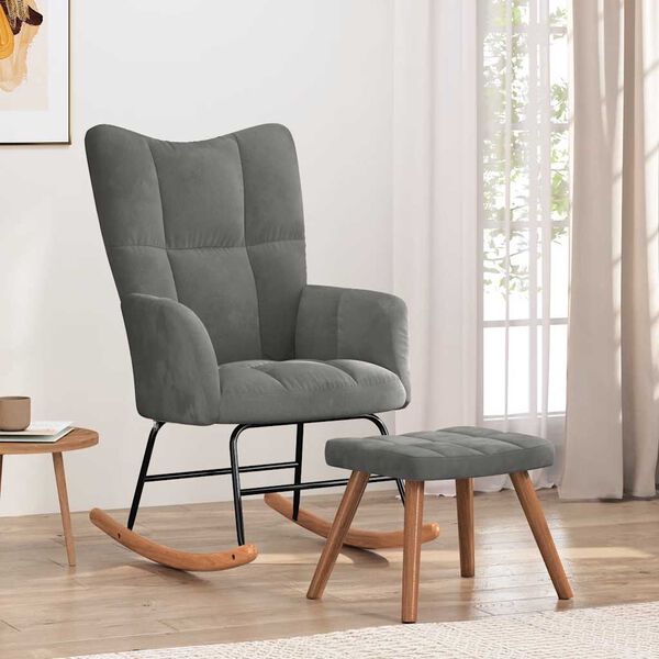 vidaXL Rocking Chair with a Stool Dark Grey Velvet