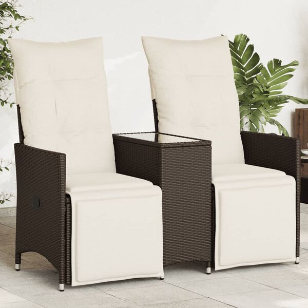 vidaXL Reclining Garden Sofa 2-Seater with Table Brown Poly Rattan